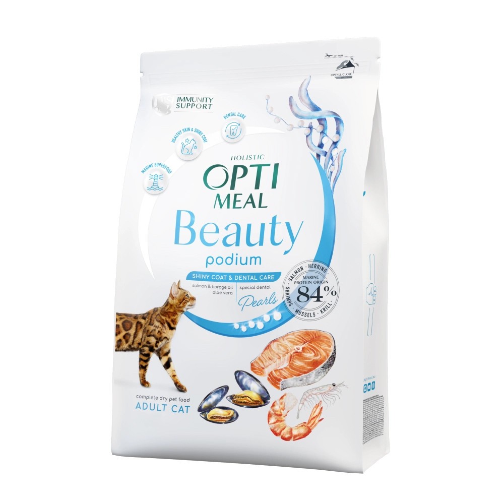 Optimeal Cat Beauty Podium вовна та догляд за зубами для кішок з морепродуктів 4 кг